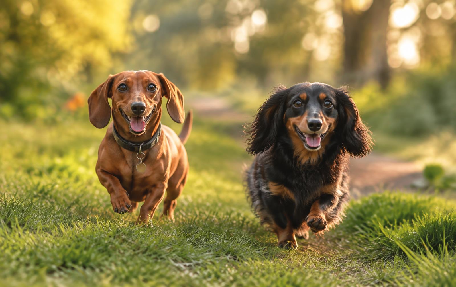 Two dachshunds running along a park path